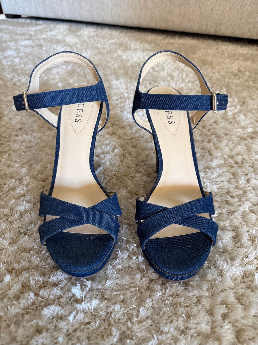 GUESS Dark Blue Denim Crisscross Ankle Strap wedge sandals